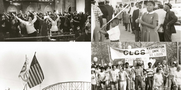 Four black and white images of protest marches and gatherings in St. Louis, MO