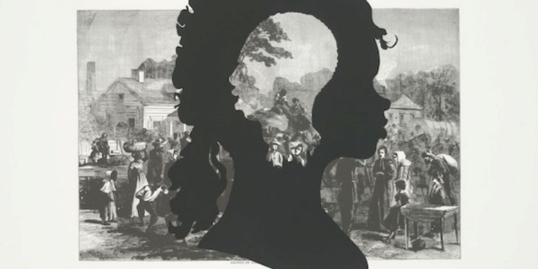 Background is a black and white painting of a farm scene, cut out profiles of a man and woman are in the foreground.