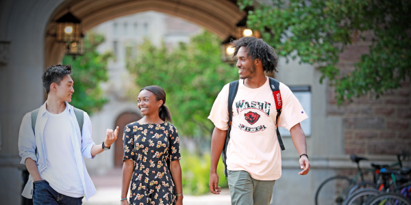 Three WashU students walking on campus