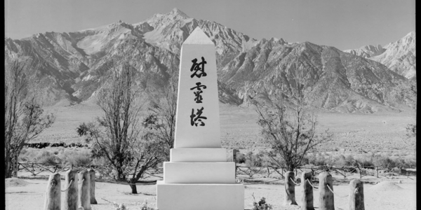 Ansel Adams, photograph of Manzanar Cemetery Monument (1943). 