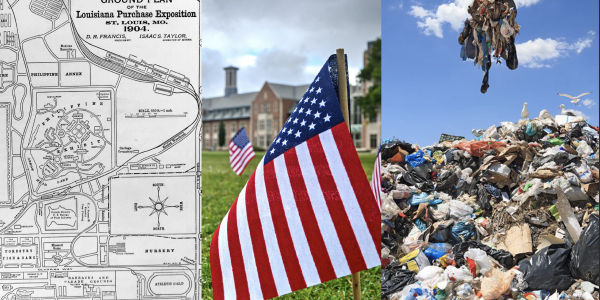Three images: Map of the 1904 Louisiana Purchase Exposition, small American flag in the ground and trash heap