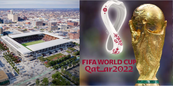 Left: Centene Stadium in St. Louis, MO/Right: FIFA Men's World Cup Trophy