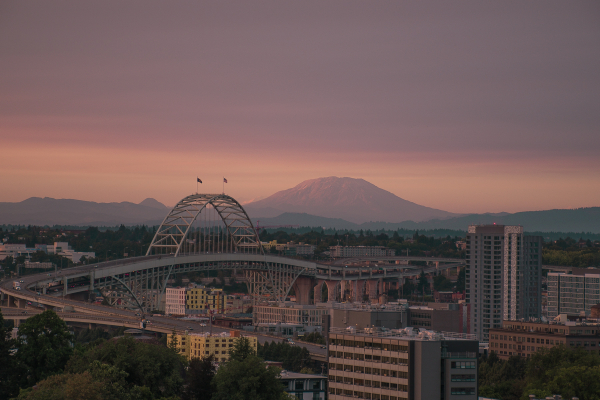 View of Portland Oregon at sunset with Mt. Hood in the background