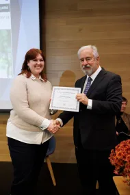Elizabeth Eikmann receiving the Lewis E. Atherton Prize from the State Historical Society of Missouri