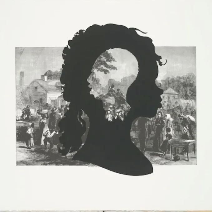 Background is a black and white painting of a farm scene, cut out profiles of a man and woman are in the foreground.
