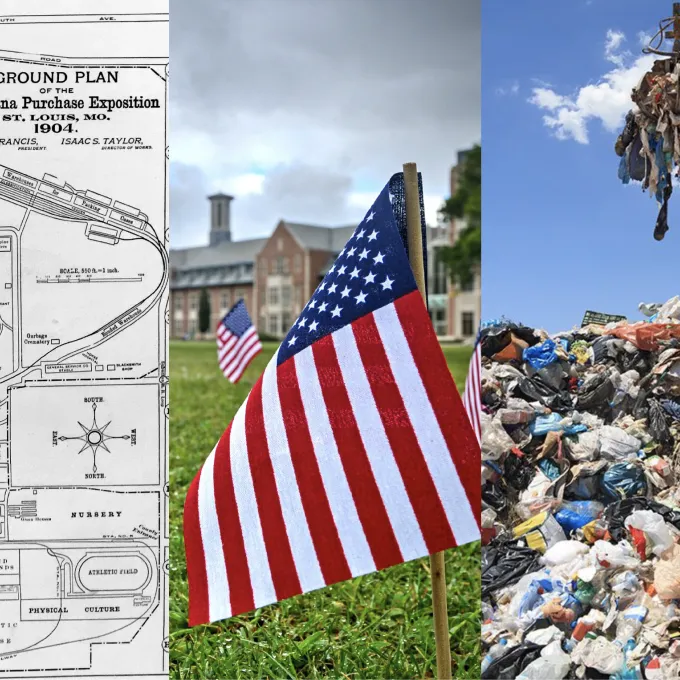 Three images: Map of the 1904 Louisiana Purchase Exposition, small American flag in the ground and trash heap